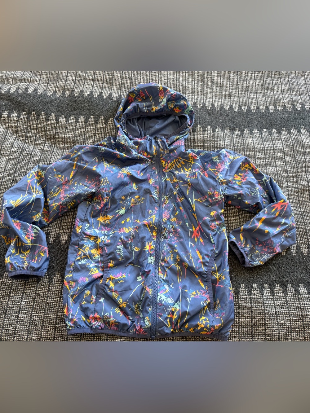 Columbia Girls Navy Floral Hooded Raincoat Reversible!